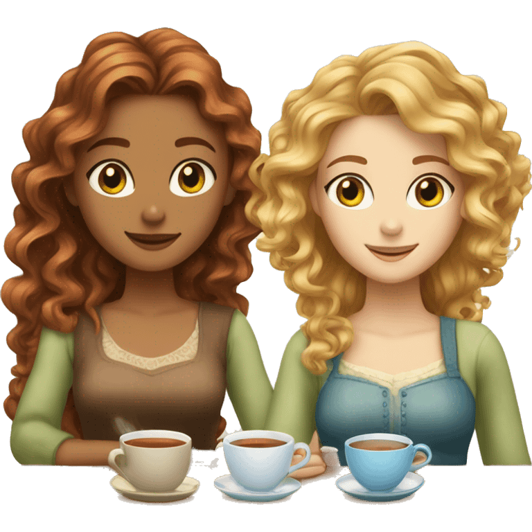 Three fair-skinned girls, a blonde with curly hair and gray eyes, a redhead with green eyes and long hair and a brown-haired woman with long hair and blue eyes are drinking tea emoji