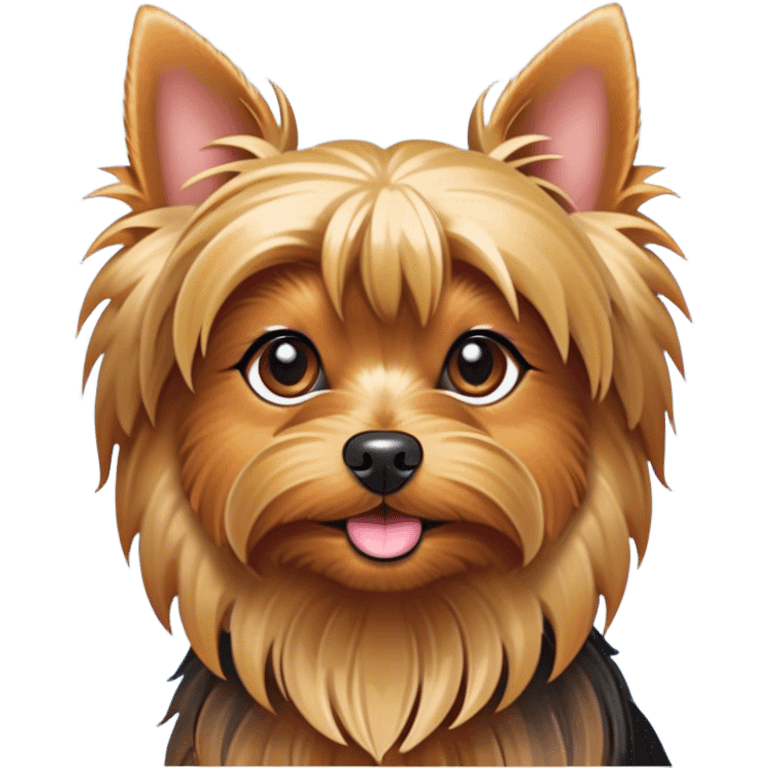 Cinematic Cute Yorkshire Terrier Portrait Emoji, Head perked with bright, twinkling eyes and a perky expression, showcasing a soft, silky fur in rich hues, simplified yet adorably detailed, glowing with a cheerful, inviting glow, high shine, exuding playful intelligence and spunky charm, styled with a gentle, whimsical outline, capturing the essence of a cute Yorkshire Terrier that appears ready to frolic off the screen with irresistible energy! emoji