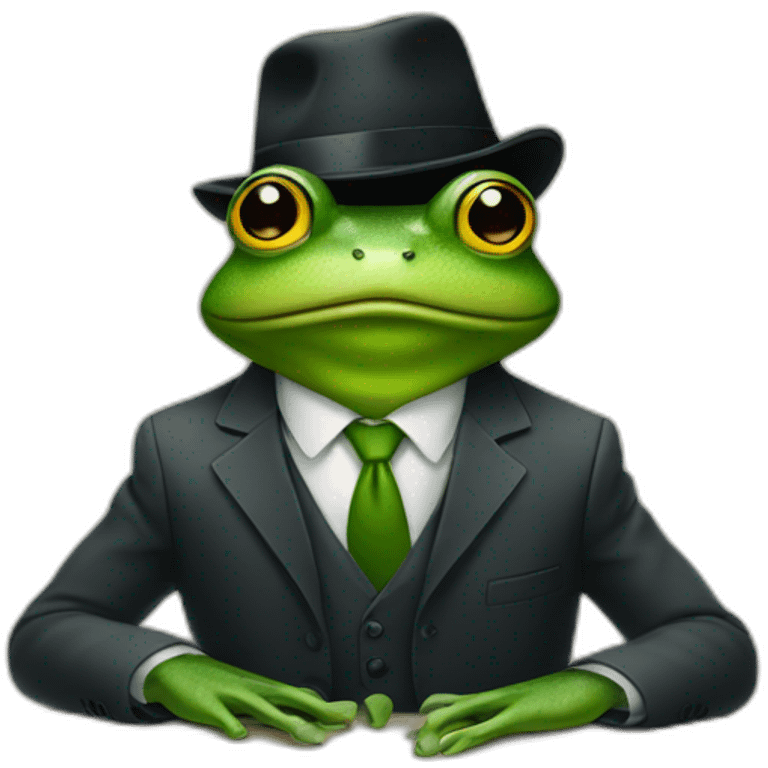 A frog wearing a suit looking straight sitting on a table and wearing a hat emoji