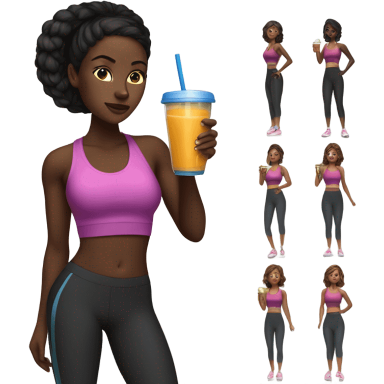 Dark skinned Black woman drinking smoothie in workout clothes emoji