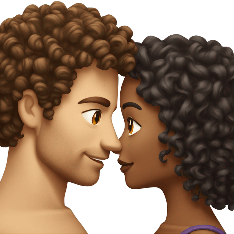 Tanned complexion woman with curly hair and white man with dark brown hair kissing  emoji