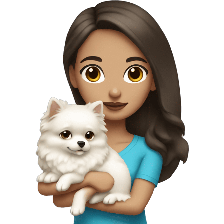 Brunette girl with light skin and Blue eyes holding a white pomeranian  emoji