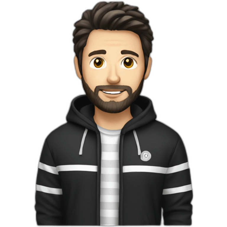 White Man with dark hair and beard, black and white stripped hoodie emoji