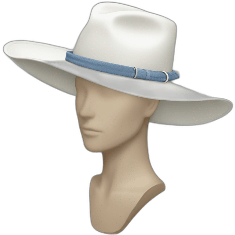 White wide brim hat with denim and bolo band and silver pin emoji