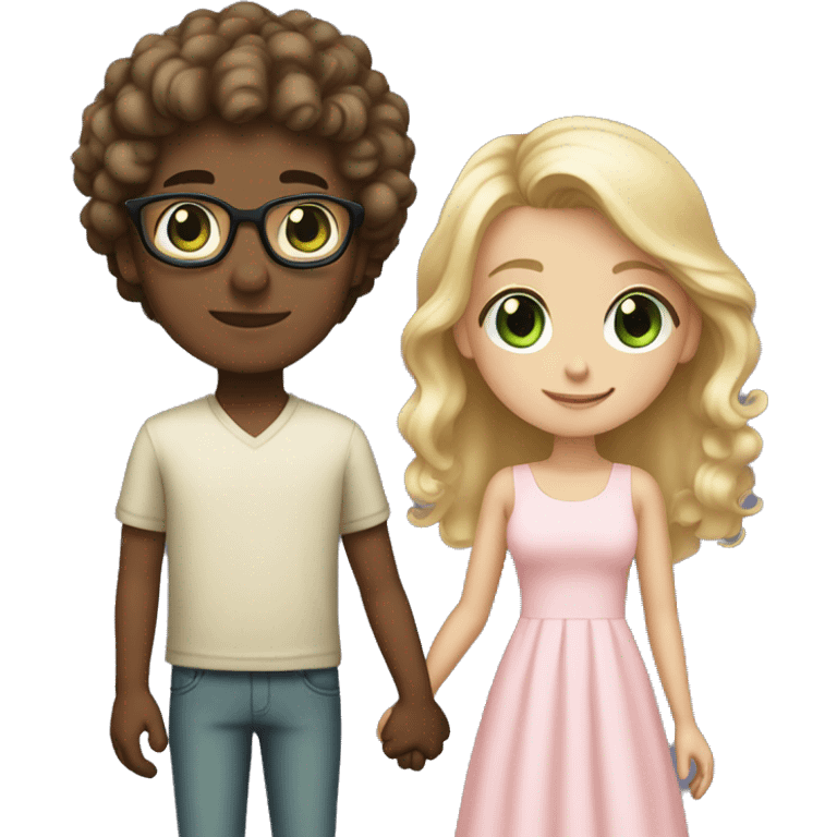 Girl with long blonde hair and green eyes wearing a light pink dress holding hands with dark brown boy with short curly hair and glasses emoji