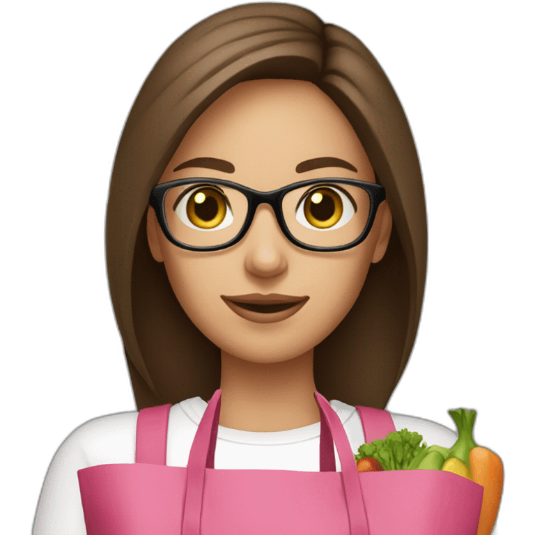 young woman with brown hair and thin glasses with a pink bag full of groceries emoji