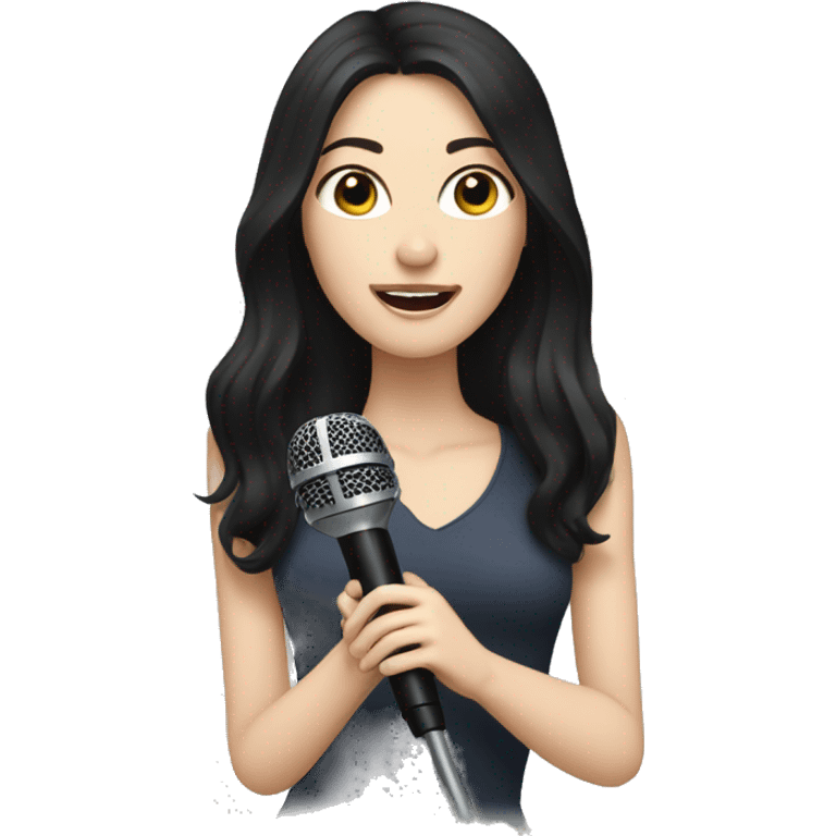 a woman with long black-brown hair, hazel eyes, pale skin, singing into a microphone emoji