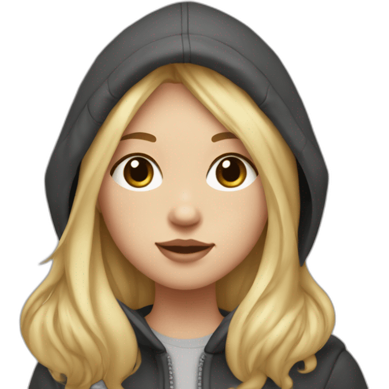 A blonde girl with smooth hair and a ray in the middle of his hair, she has light skin a few freckles, and she wear a hoodies and she Carries in his arms a baby black labrador dog  emoji