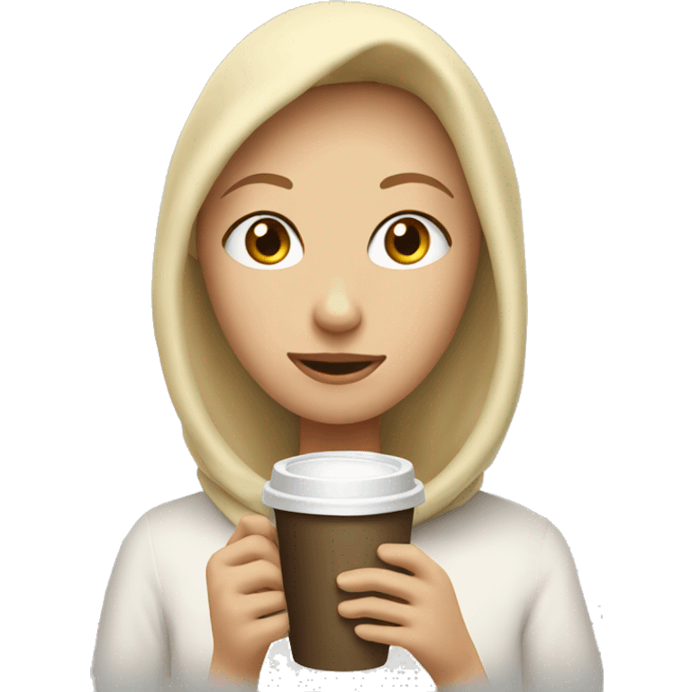 A girl with blonde hair, her head covered with a duvet, and drinking coffee emoji