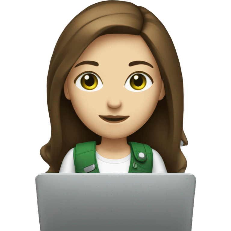 Female coder featuring a laptop. She has long brunette hair, green eyes, white skin. emoji