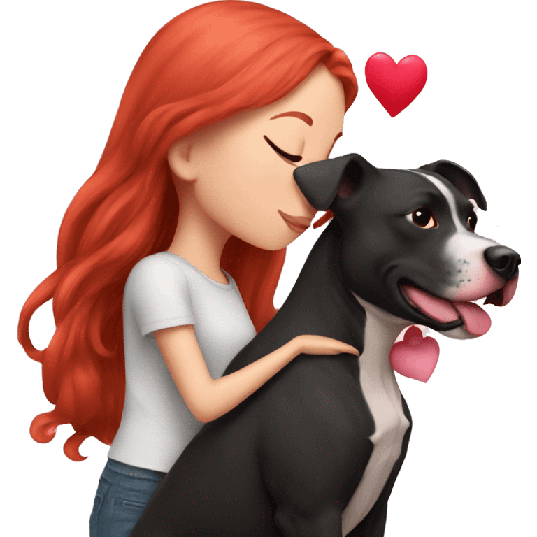 Girl with red hair kissing big black pitbull dog, pink hearts emoji