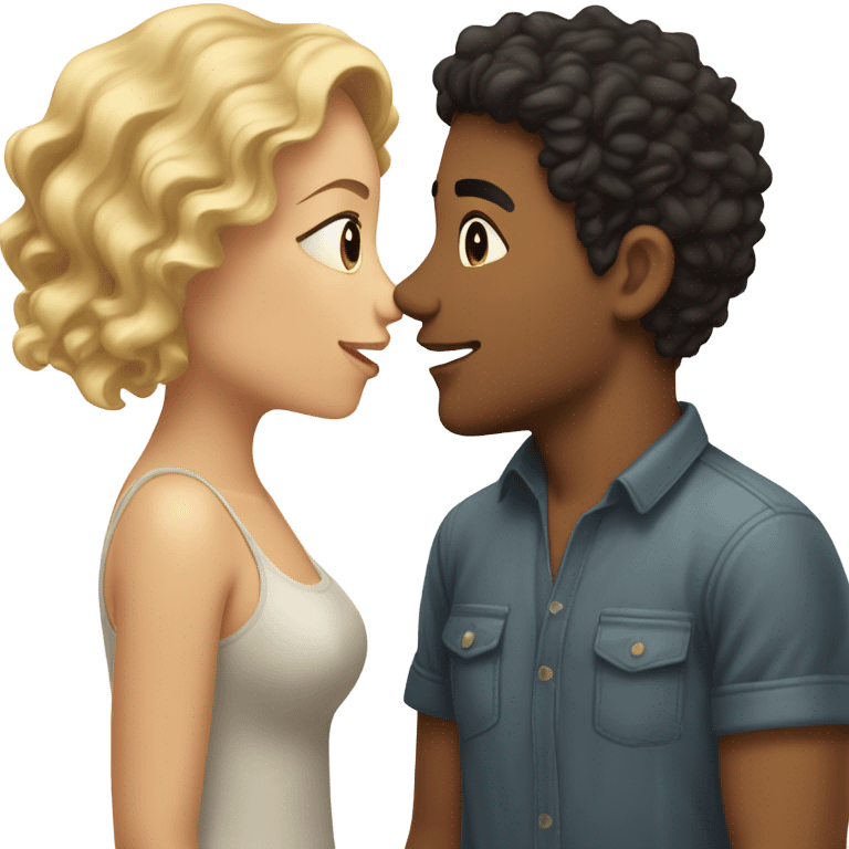 blonde wavy hair girl and Latino boyfriend with dark hair kissing emoji