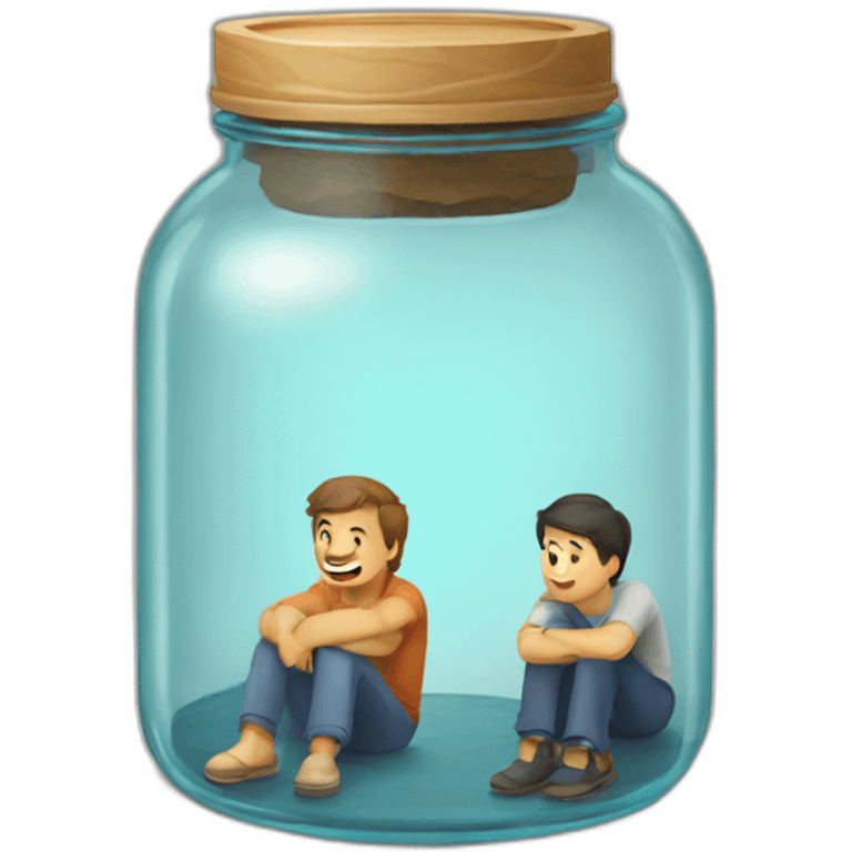 a glass jar standing on the floor between two man's feet emoji