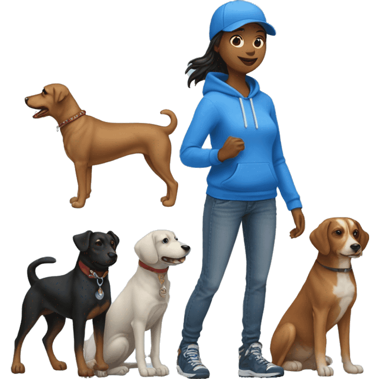 Dog walker in blue hoodie, jeans, blue baseball cap with eight dogs at heel on her left side emoji