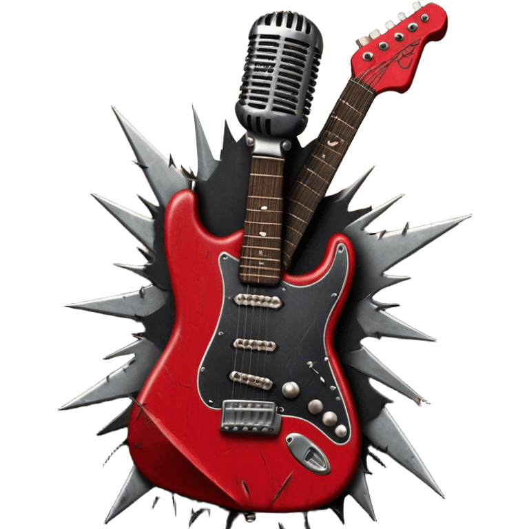 Create a powerful and dynamic humanless emoji representing rock vocals. The design should feature a classic vintage microphone with a rugged, distressed look, surrounded by elements like a guitar pick, electric guitar neck, and sound waves to reflect the raw energy of rock music. Add subtle details such as a spiked bracelet, leather textures, or bold lightning bolts to evoke the rebellious and intense spirit of rock. Use dark, edgy colors like black, red, silver, and metallic accents to emphasize the fierce, loud, and passionate nature of rock vocals. The background should be transparent. emoji