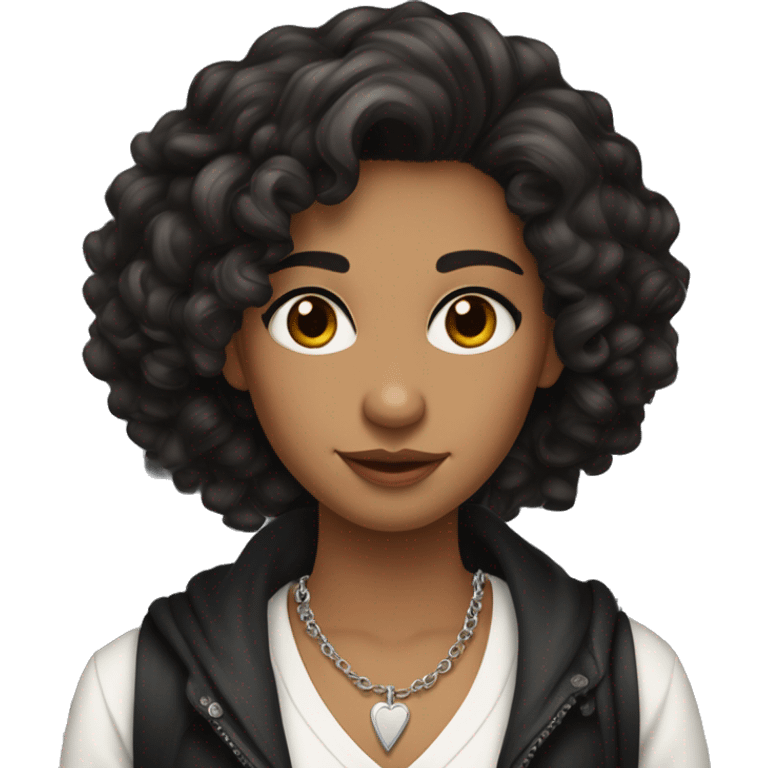 You have curly dark hair, expressive eyes with long lashes, and defined brows. Your skin is medium-toned, and you’re wearing a silver cross necklace. The white cardigan over a black top adds a stylish contrast. emoji