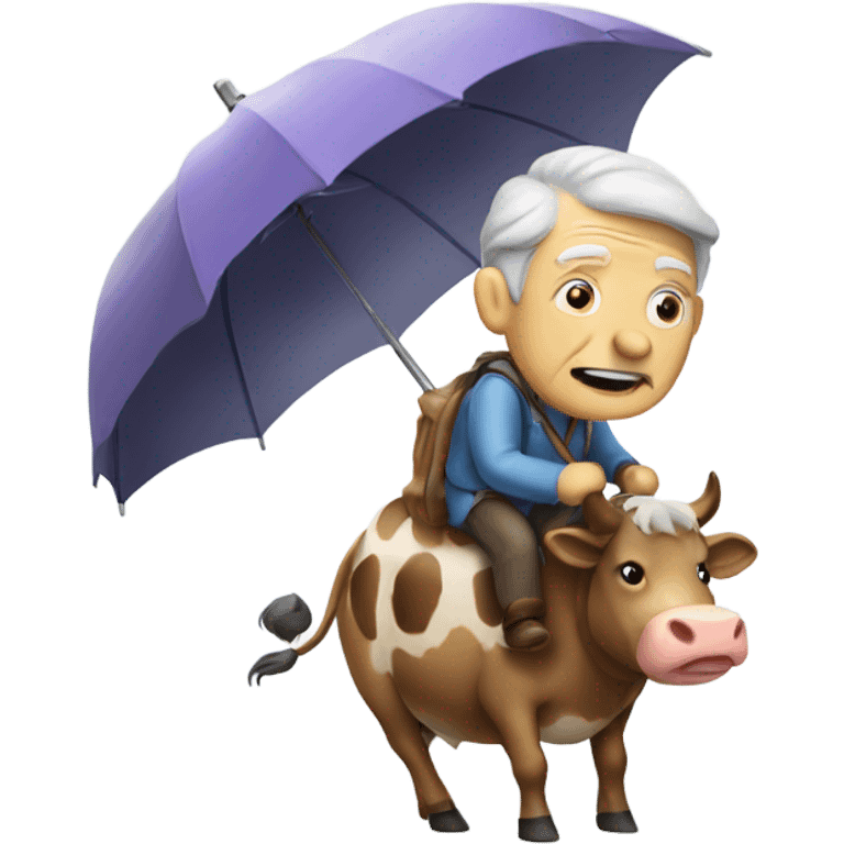 an old person riding a cow with umbrella  emoji