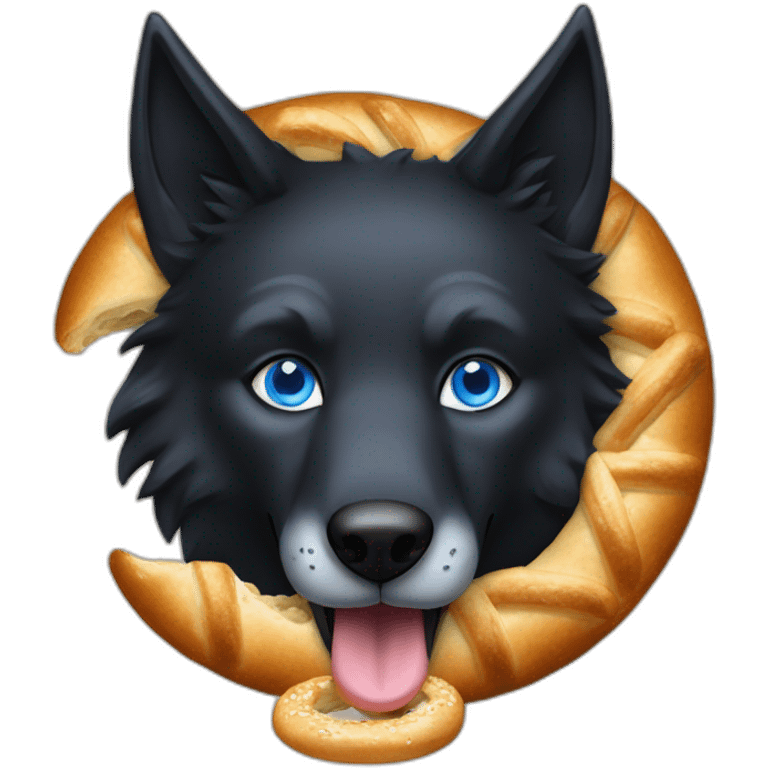 a full black wolf with blue eyes eats a bretzel emoji