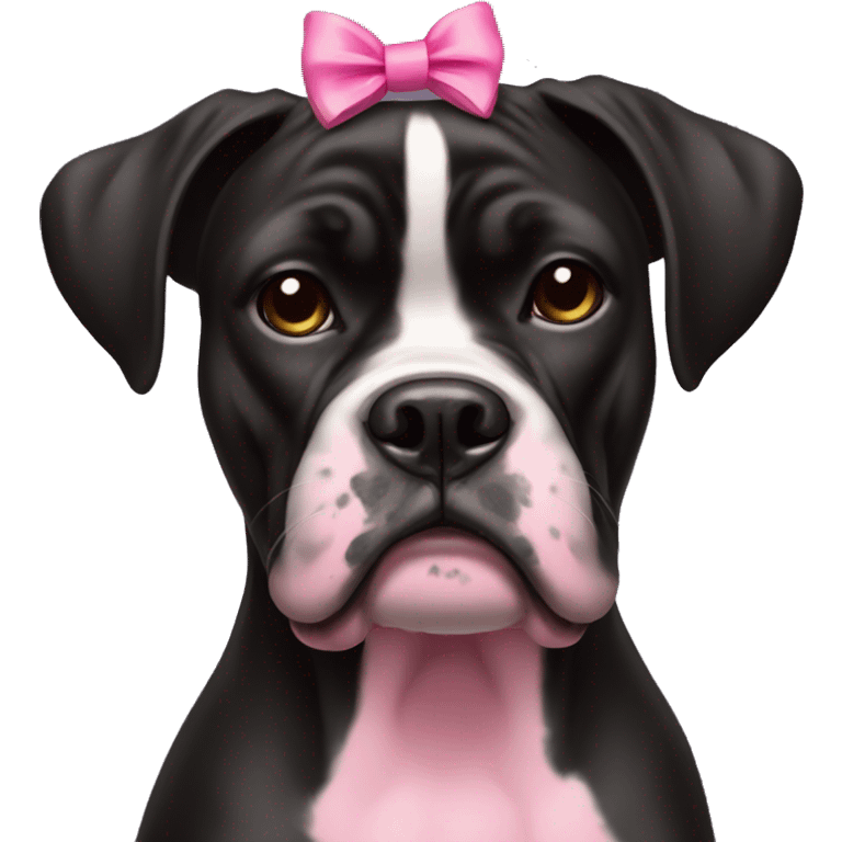 black boxer dog face with some black and pink features, with a pink bow on her head that has long ribbons emoji