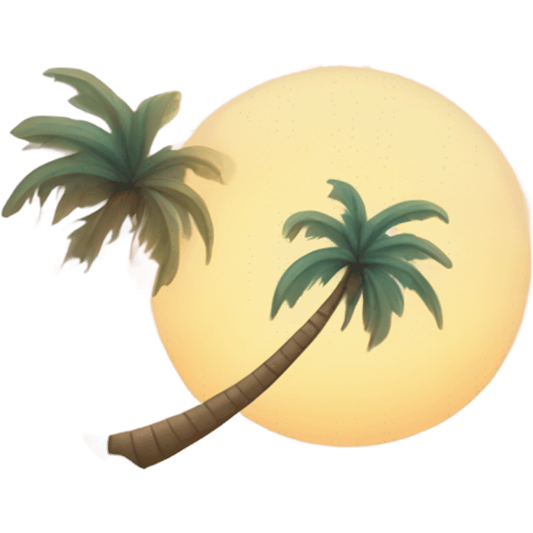 Design an emoji of a tropical beach with turquoise waves, golden sand, and a small palm tree. Include a setting sun on the horizon and soft, pastel tones to create a relaxing, aesthetic vibe. emoji