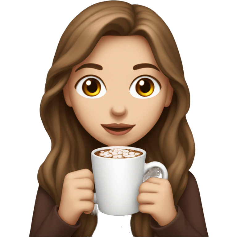 white girl with brown long hair and a hot chocolate emoji