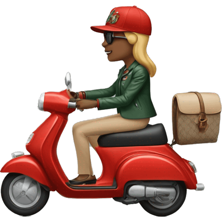 a woman and a man wearing gucci caps driving a e scooter emoji