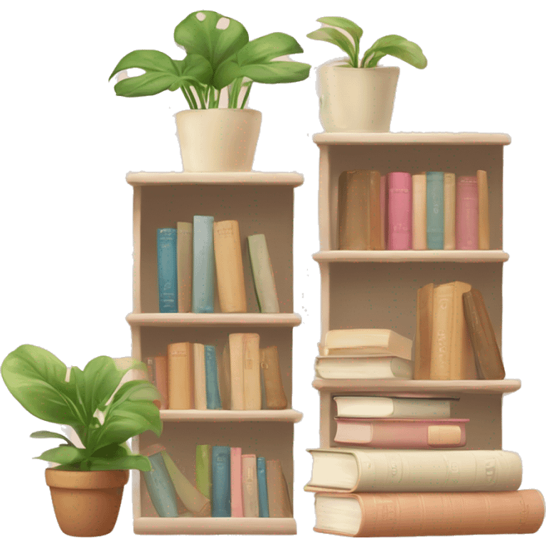 A cute book shelf with a potted pothos plant, and some cute others plants and a pile of books that are beige, cream and baby pink emoji