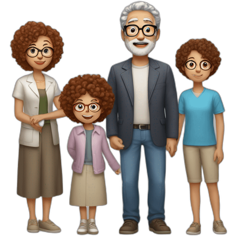 family of four father with gray hair mother with red curly hair and blue glasses son with brown hair and little daughter with curly brown hair emoji