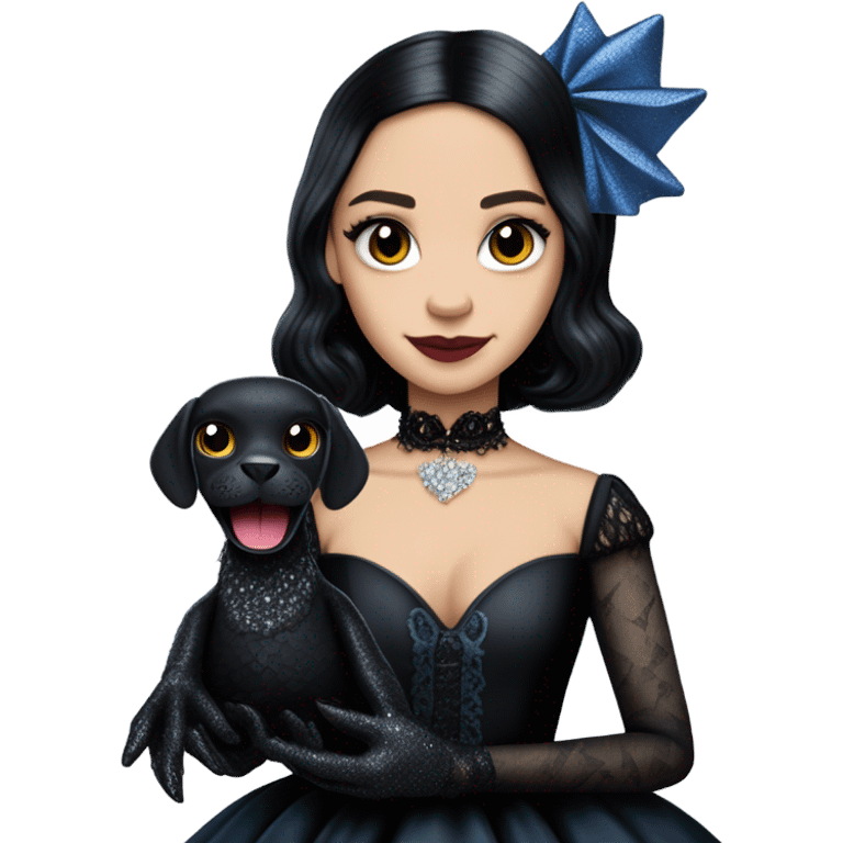 relaxed low-cut back silky black evening ball gown with lace gloves, Jenna Ortega as Wednesday Addams wearing a mini diamond tiara showing off blood blue cute horned old dragon hand puppet emoji