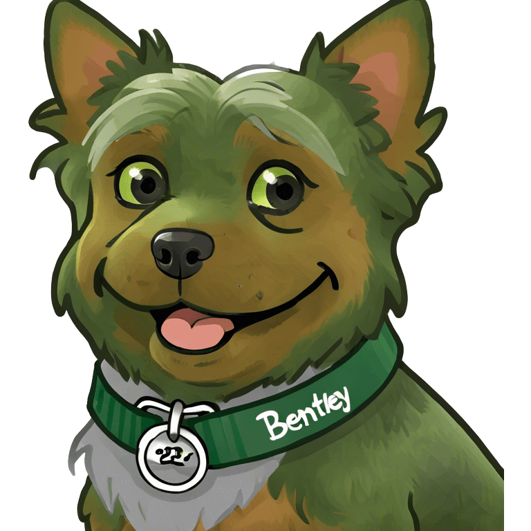 a happy yorkie with a collar with the name bentley emoji