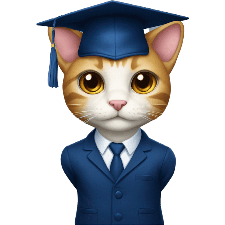 A student cat in a dark blue suit and a square academic dark blue cap emoji