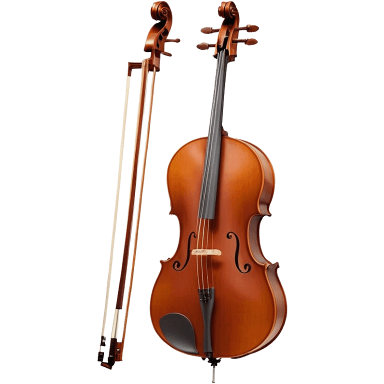 Create an elegant and refined emoji representing a Cremona 4/3F 4/4 cello with bow. The design should feature the distinctive, finely crafted body of the cello, highlighting its rich wooden finish and gracefully curved shape. The bow should be included, with visible horsehair and a polished wooden stick. Add subtle details like tuning pegs and strings to emphasize the precision and craftsmanship of the instrument. Use warm wood tones, deep brown, and soft metallic accents to reflect the high quality of the Cremona cello. The background should be transparent. emoji