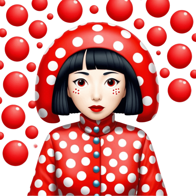 Yayoi Kusama – Cinematic Realistic Portrait of old Japanese artist Yayoi Kusama, depicted as an avant-garde artist with an eccentric, captivating expression surrounded by her iconic polka dot patterns, rendered with vivid textures and imaginative lighting that evokes her unique, surreal creative world. emoji