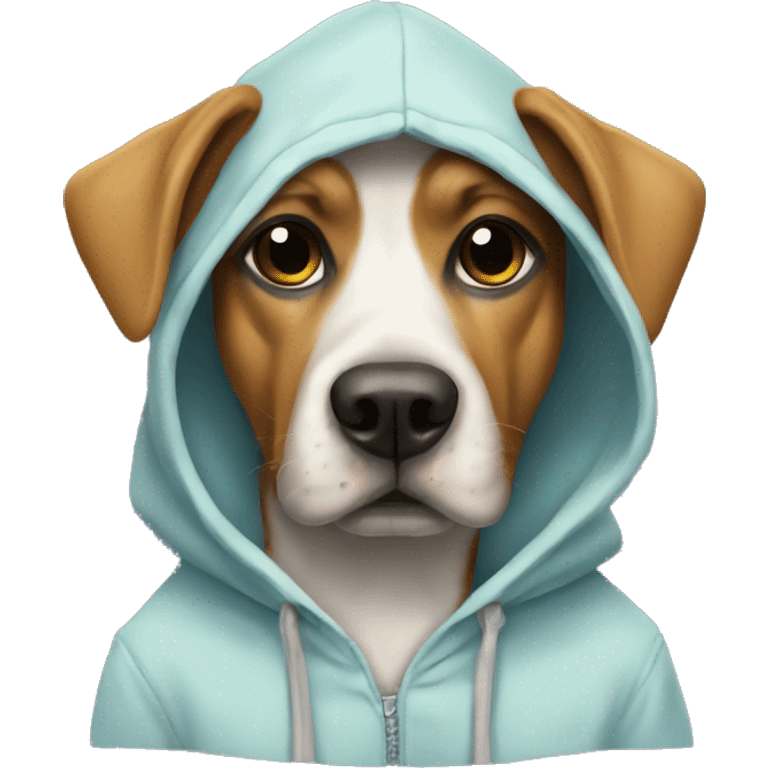 Dog wearing a hoddie with a mask emoji