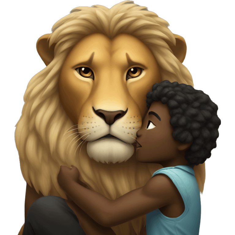 Big serious lion kissing a little young black panther emoji