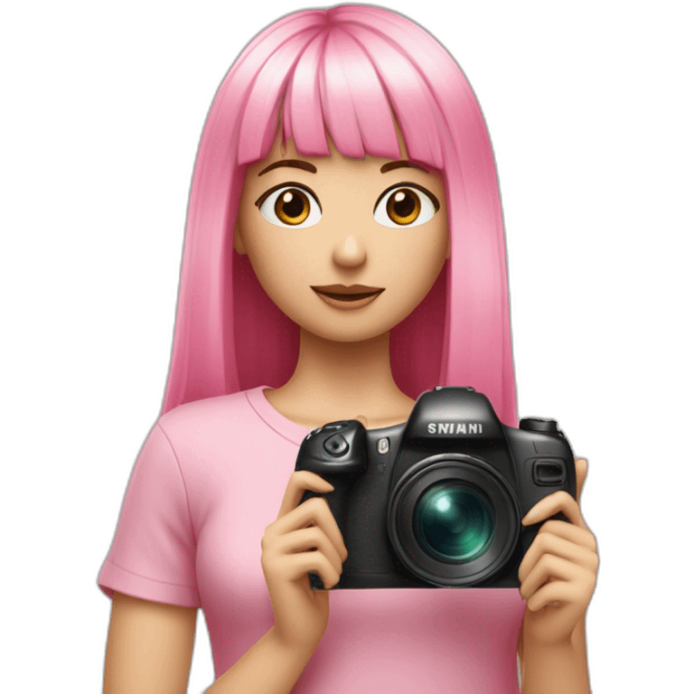 girl with long, straight rose hair with fringe and holding camera and wearing pink, pretty top emoji