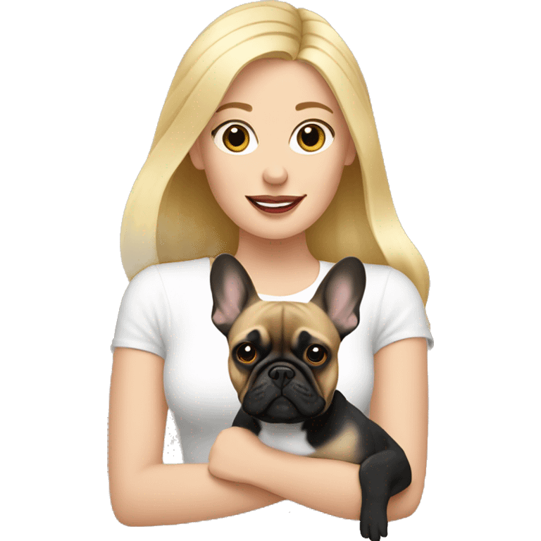 Blonde haired woman holding 1 French bulldog emoji