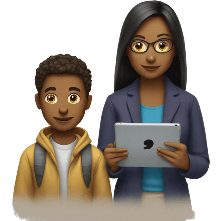 young student with iPad and his mother emoji