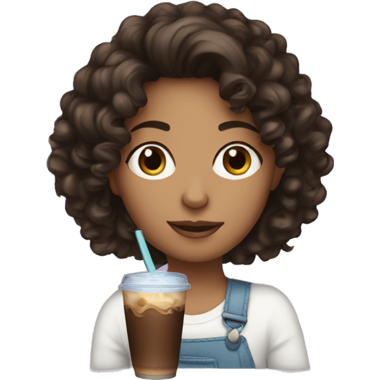 Girl with dark brown curly hair drinking iced coffee emoji