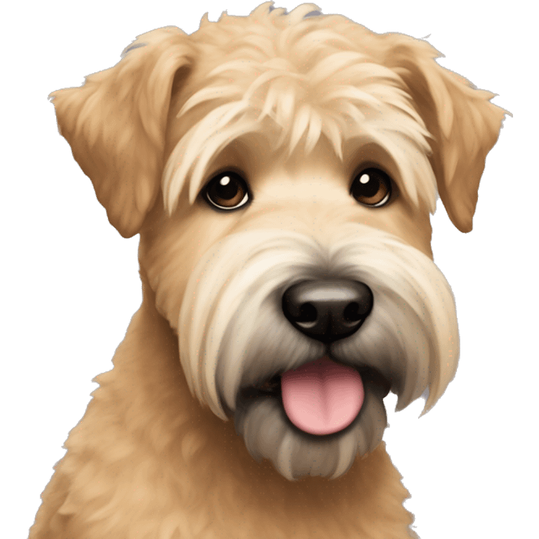 Wheaten terrier with a fluffy puppy haircut and black ears and chin emoji