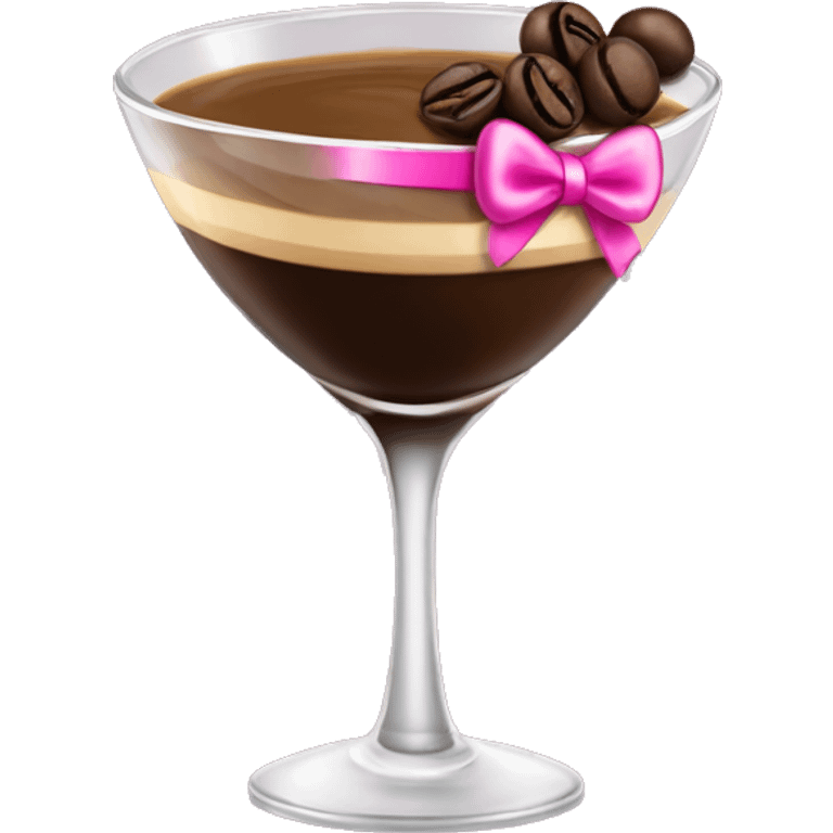 An espresso martini with 3 espresso beans on top and the stem has a pink bow on it emoji