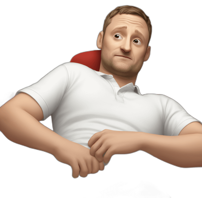 tim robinson very tired laying down on a red couch in a white polo shirt, chest up clean shaven, laying flat across couch emoji