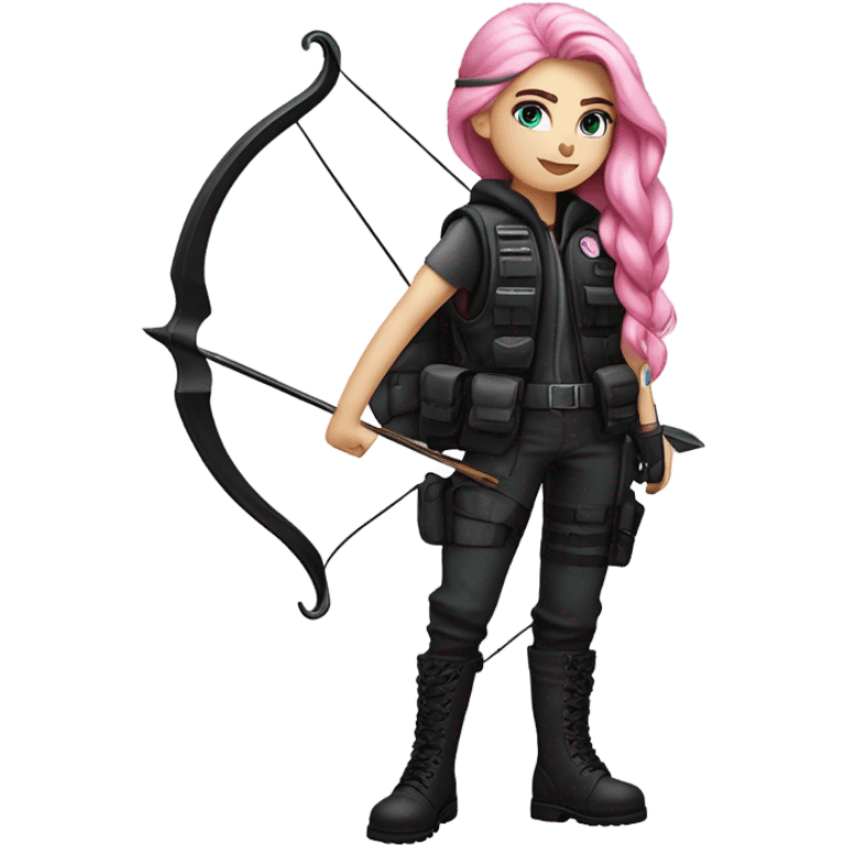 girl, white skin, tactical vest, dark pants, long pink hair, blue eyes, black beanie hat with crescent moon on front, black combat boots, bow and arrow emoji