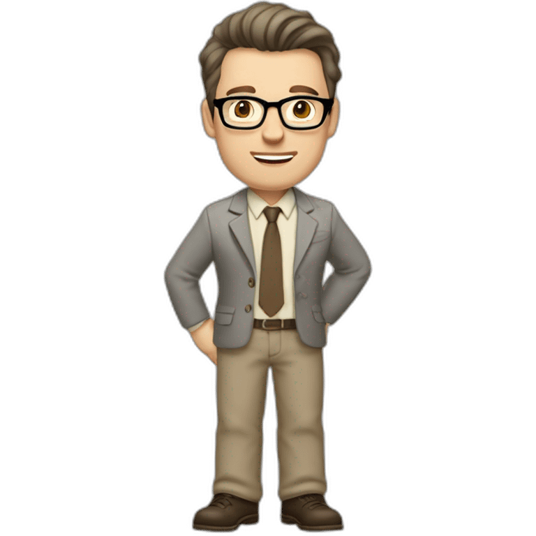 Full height Gesticulating Pale skinned fit man with dark brown hair in gray jacket, beige office shirt, brown tie, brown pants and vintage glasses. emoji