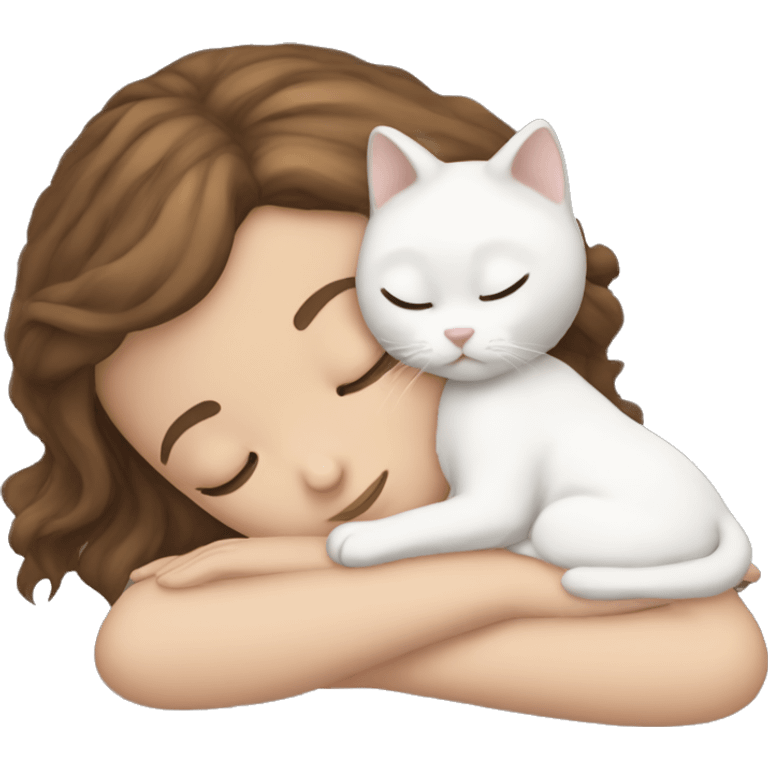 White girl brown hair sleeping with white kitty black spot  emoji