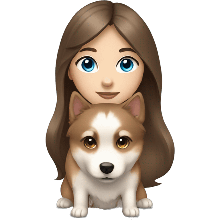 Brown haired straight long hair girl holding a brown and beige pomsky with blue eyes emoji