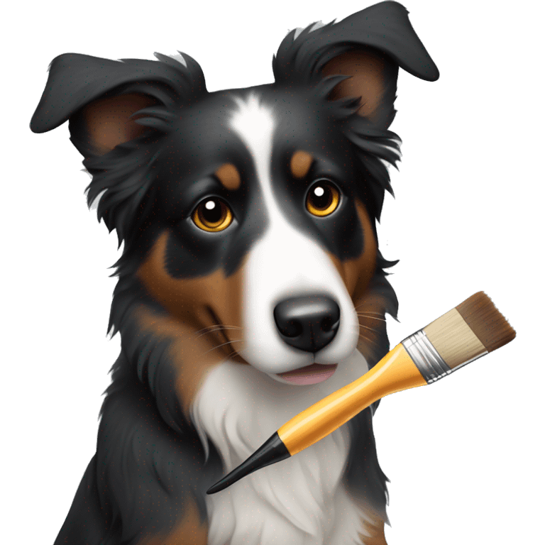 Small black australian shepherd dog with paintbrush  emoji