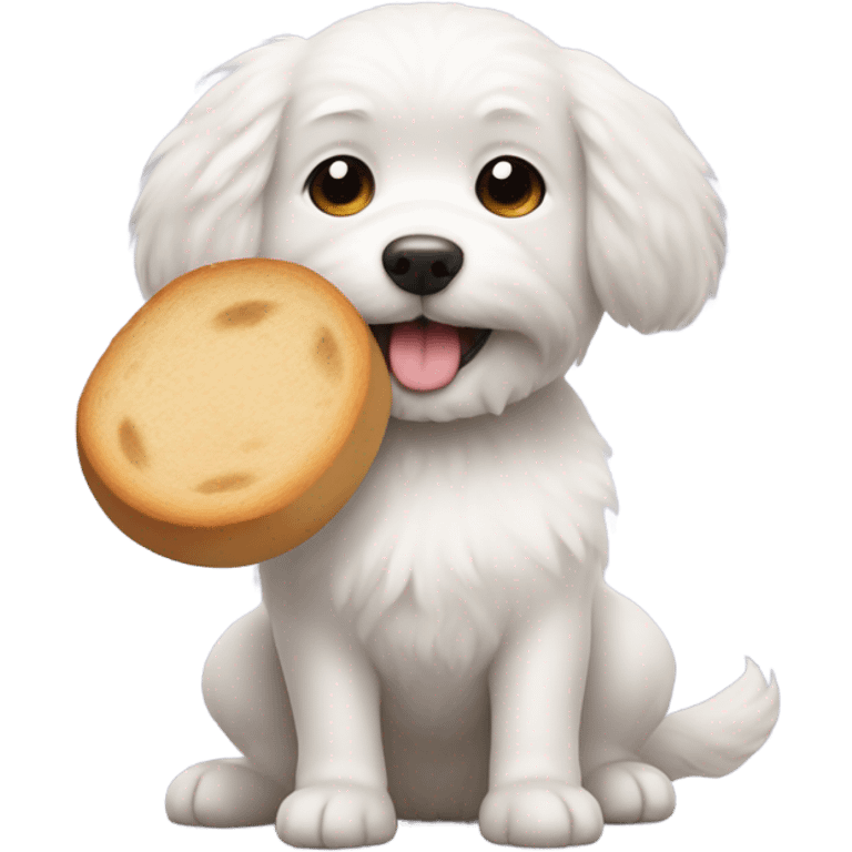 little white dog carrying a round loaf of bread in its mouth emoji