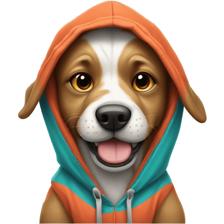 Dog wearing a hoodie with a basketball emoji