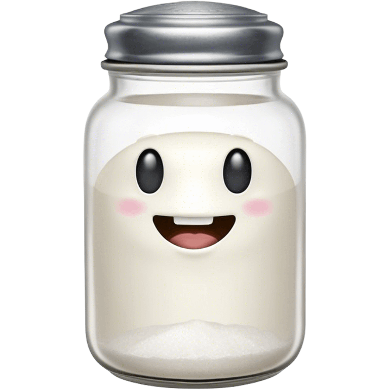 A mischievous anthropomorphic salt jar with transparent glass body and metal lid emoji